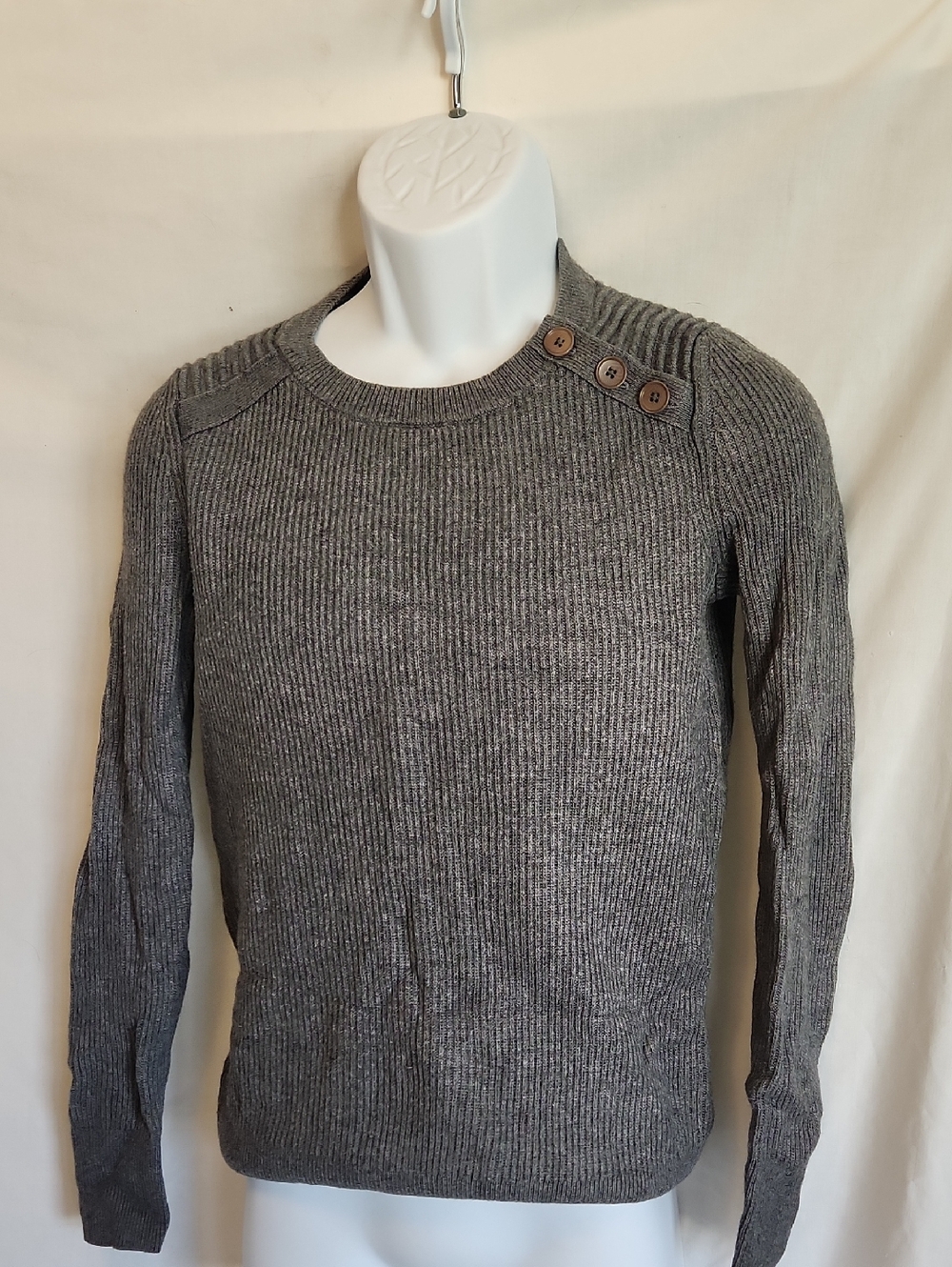 Banana Republic Gray Ribbed Crewneck Sweater with Shoulder Buttons